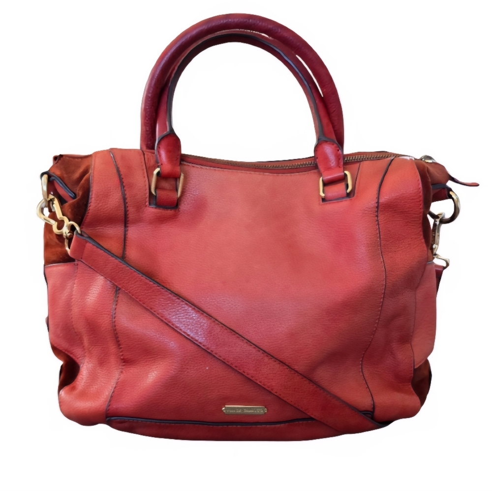 Vince Camuto Hobo Slouchy Bag Leather Suede Trim Shoulder Purse Cognac Red